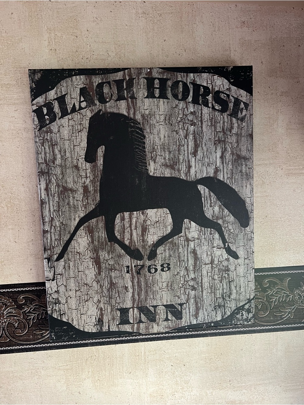 Black Horse Inn Wood-Style Wall Art - Black & Weathered Gray canvases 20x16